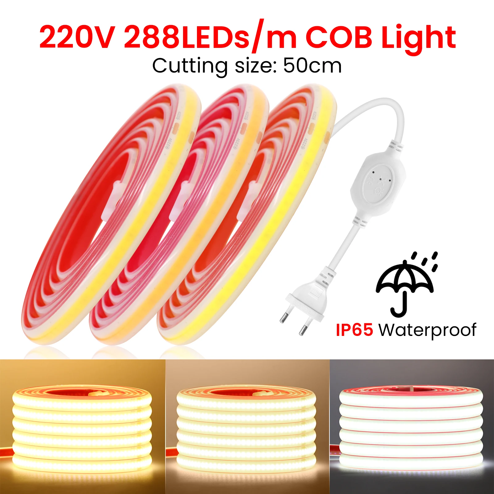 COB LED 스트립 조명 접착 테이프, 288LED/m EU/UK 플러그, 유연한 LED 리본, IP65 방수 LED 스트립, 가정 정원 장식, 220V