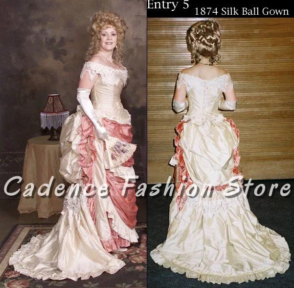 

Customized Satin Medieval Vintage Ball Gown Ivory Snap Shoulder Lace Ruffle Trailing Floor Length Duchess Ball Gowns