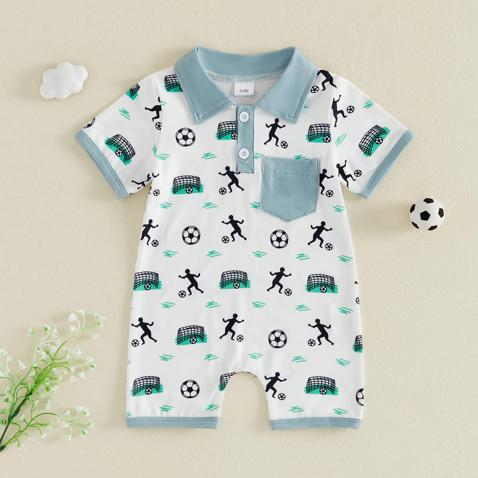 Baby Boy Summer Jumpsuit Infant Short Sleeve Lapel Button Up Man Playing Soccer Print Romper