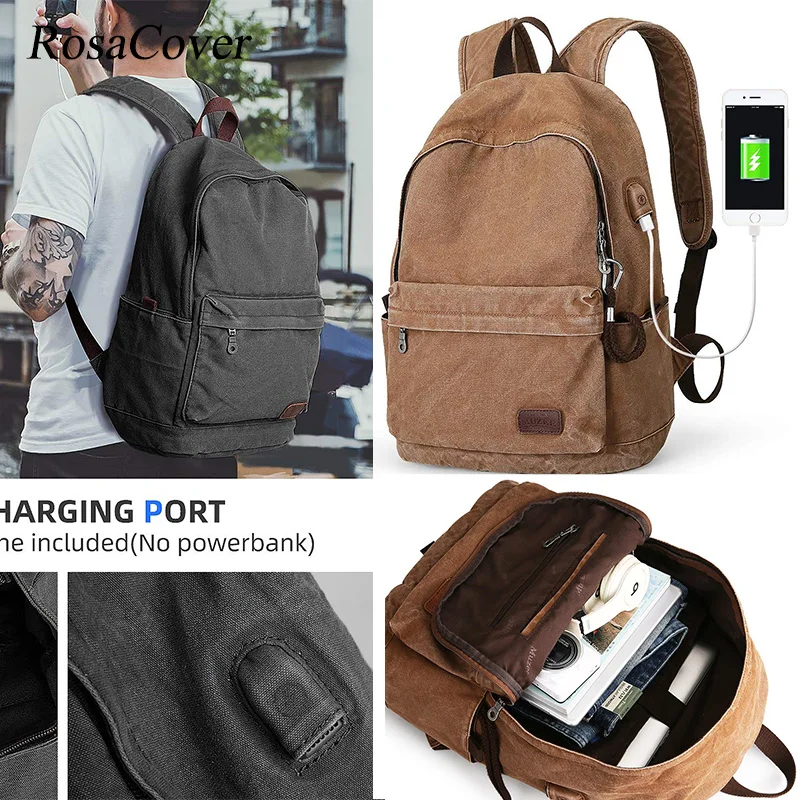 Canvas USB Charging Backpack for Men Lightweight Anti-Theft Travel Daypack College Student Rucksack 15.6 inch Backpack Mochilas