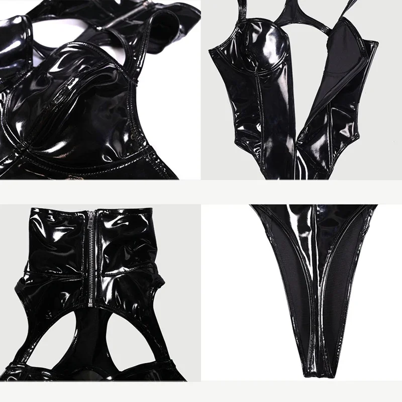 セクシーなエキゾチックなフェイクラテックスボディスーツ女性ボディコンノースリーブウェットルックホルター PVC ジャンプスーツレディースクラブウェアカスタム遊び着