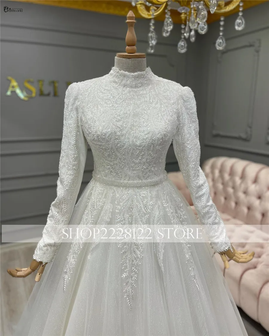 Vestido De Novia musulmán De lujo De Dubái, Vestidos De Novia De tul con cuentas De encaje brillante y cuello alto, Vestidos De Novia con mangas 2024