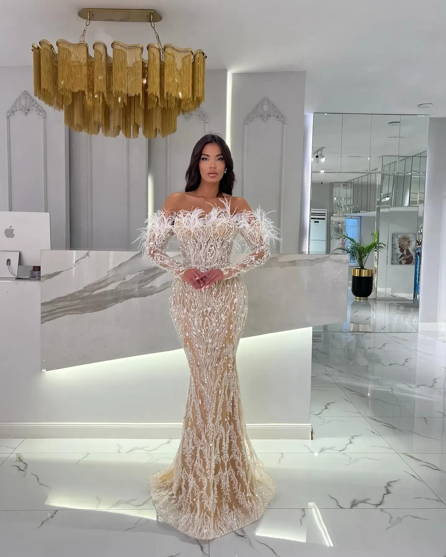 Champagne Crystal Mermaid Evening Dresses Elegant Feathers Beaded Long Sleeves Prom Dress Pearls Party Gown Customized