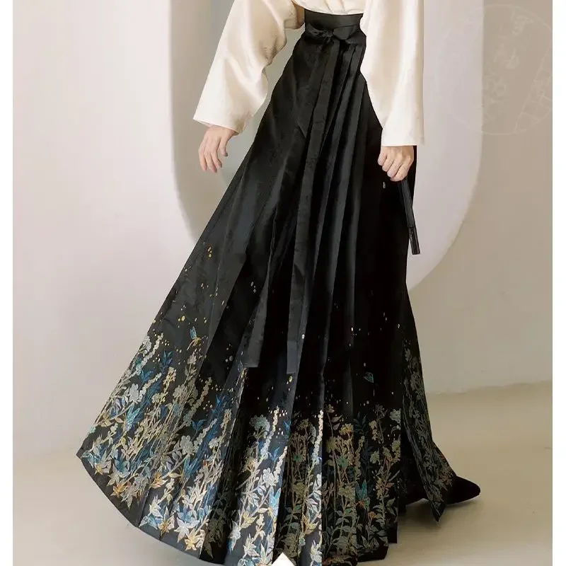 Yourqipao Ming Dynasty Hanfu Dresses For Women Chinese Navy Blue Stand Collar Robe Cloud Shoulder Woven Gold Horse Face Skirt