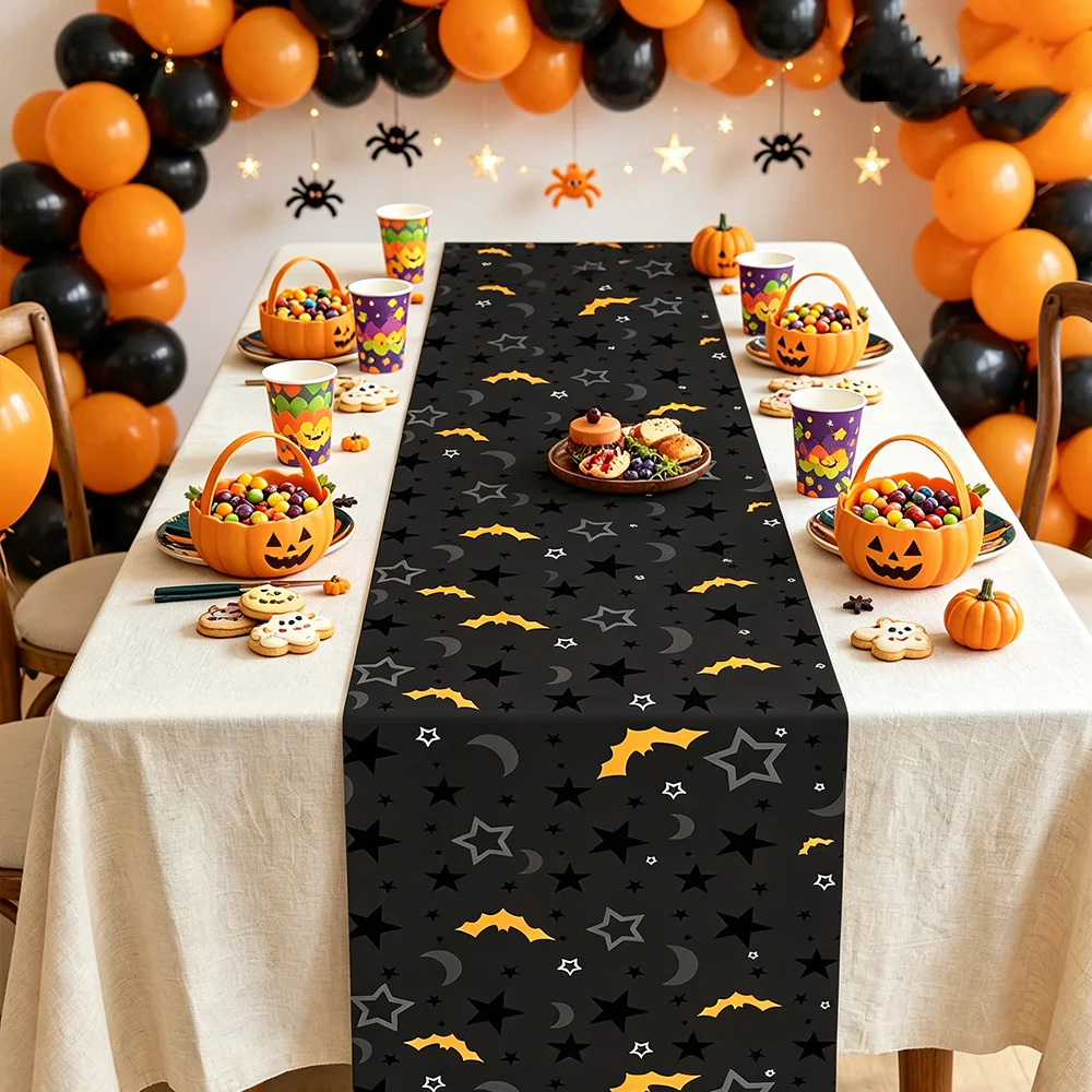 Halloween-Tischläufer mit Fledermaus-, Mond- und Sternmuster, schwarze Tischdekoration für den Herbst, Esstisch, Kinder-Halloween-Partyzubehör