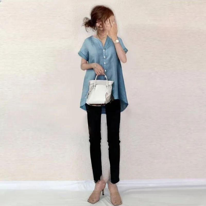 2025 여름 신작 라운드 브이넥 싱글 브레스트 반팔 탑