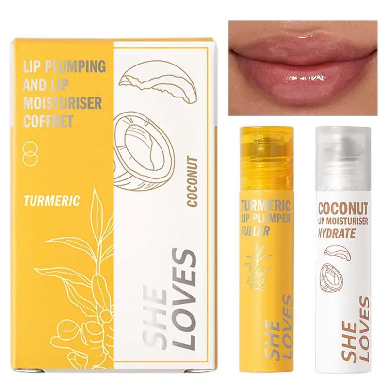 2pcs Lip Gloss Moisturizing Lip Plumper Gloss Turmeric Coconut Roll-On Lipstick Long Lasting Liquid Lipstick