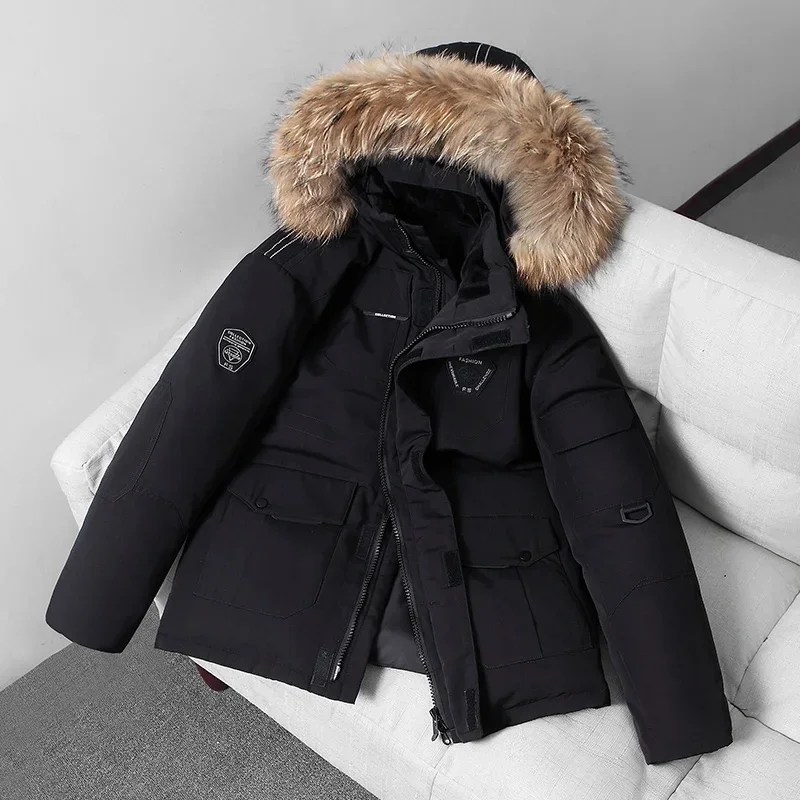 90% pato branco para baixo boné removível jaqueta térmica masculina grosso puffer jaqueta casaco de alta qualidade parka de inverno