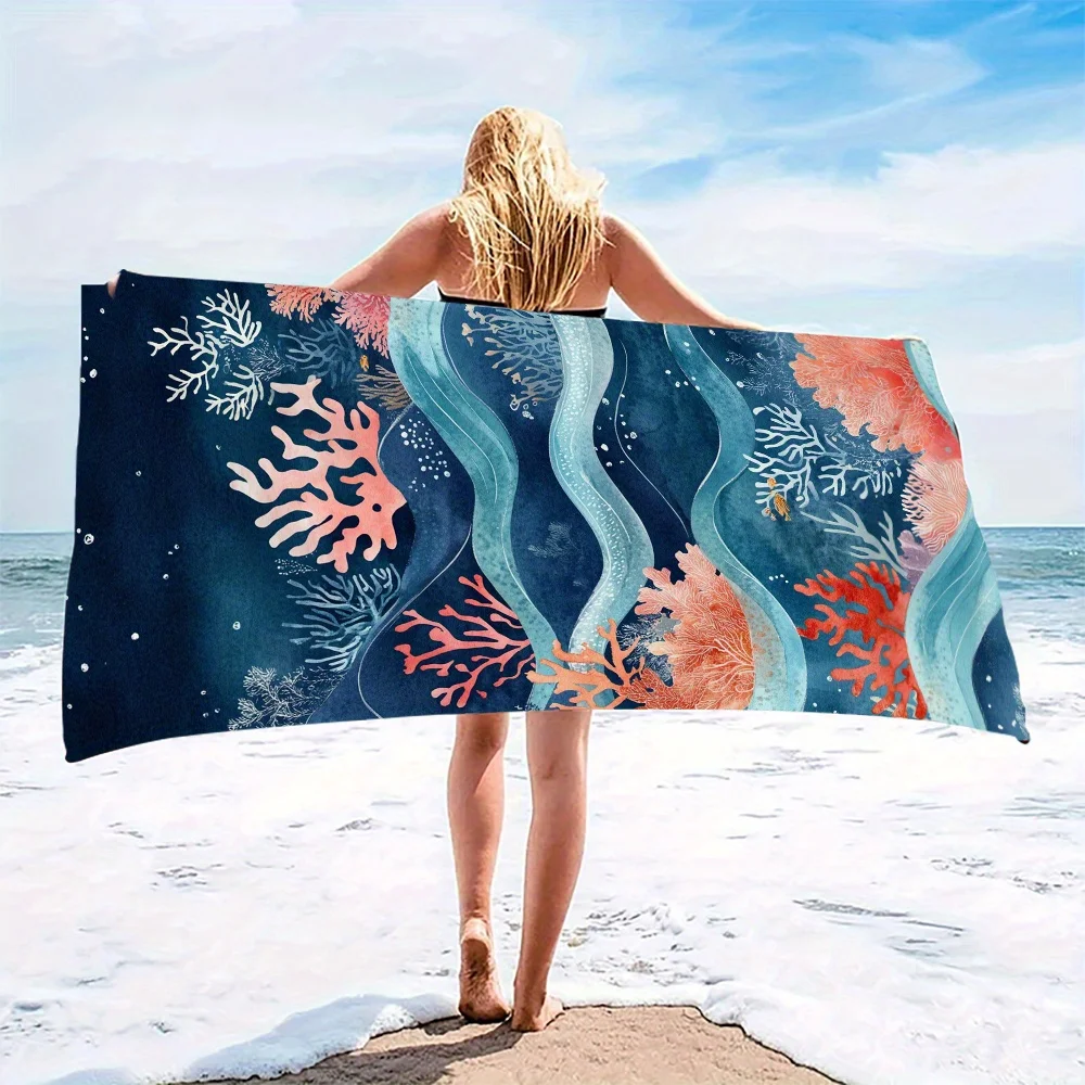 Navy Watercolor Coral Wave Undersea Print Beach Towel Quick Dry Light Cloth Suited To Tropical Island Relaxation Sessions