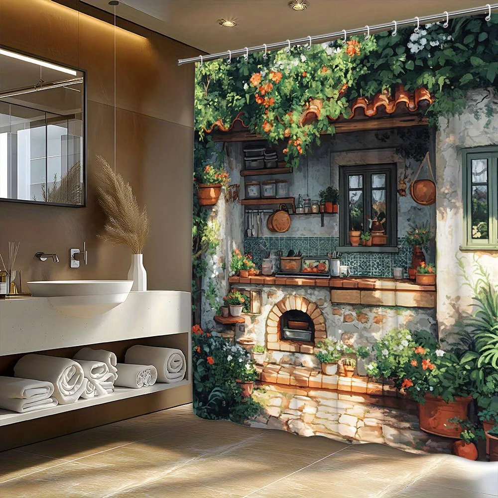 Rustic Kitchen Garden Shower Curtain - Stone Wall, Climbing Plants,Red Orange Blooms,Cobblestone Path,European Village Aesthetic