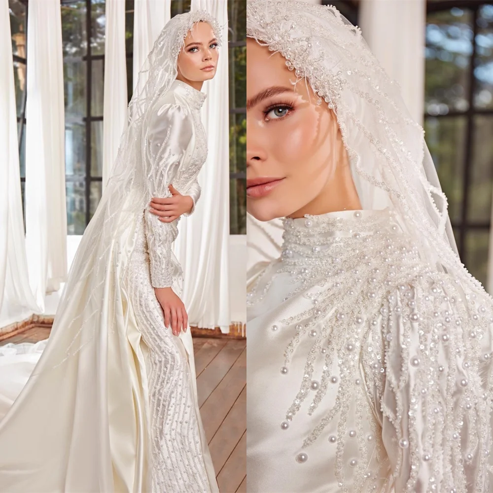 사용자 정의 만든 고품질 화이트 새틴 웨딩 드레스 섹시한 높은 넥 라인 긴 소매 채플 트레인 진주 a 라인 신부 가운