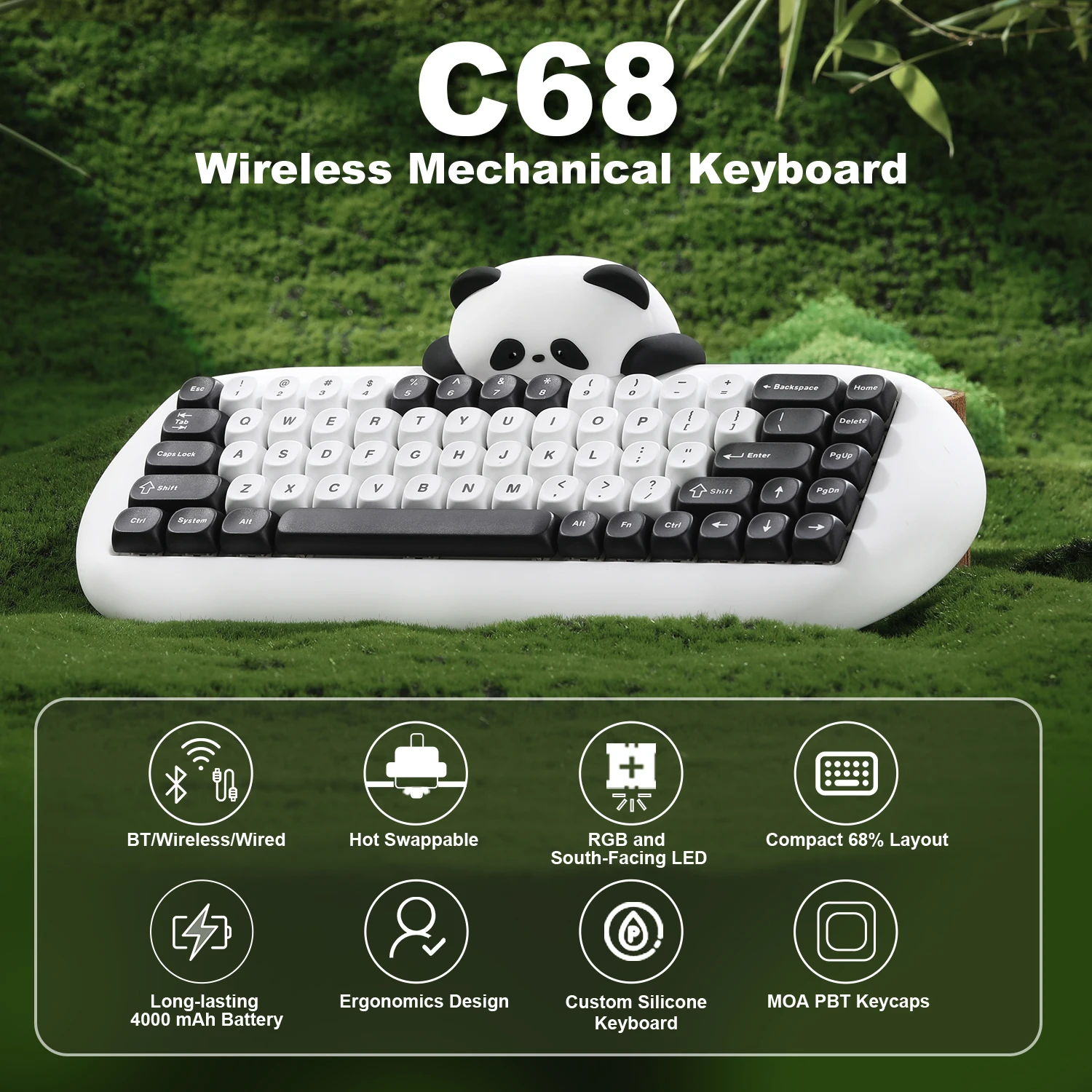 Imagem -02 - Panda Bluetooth Teclado Gamer Mecânico sem Fio 65 Teclado Gaming com Interruptor Linear Pbt Keycaps para pc e Tablets Yunzii-c68