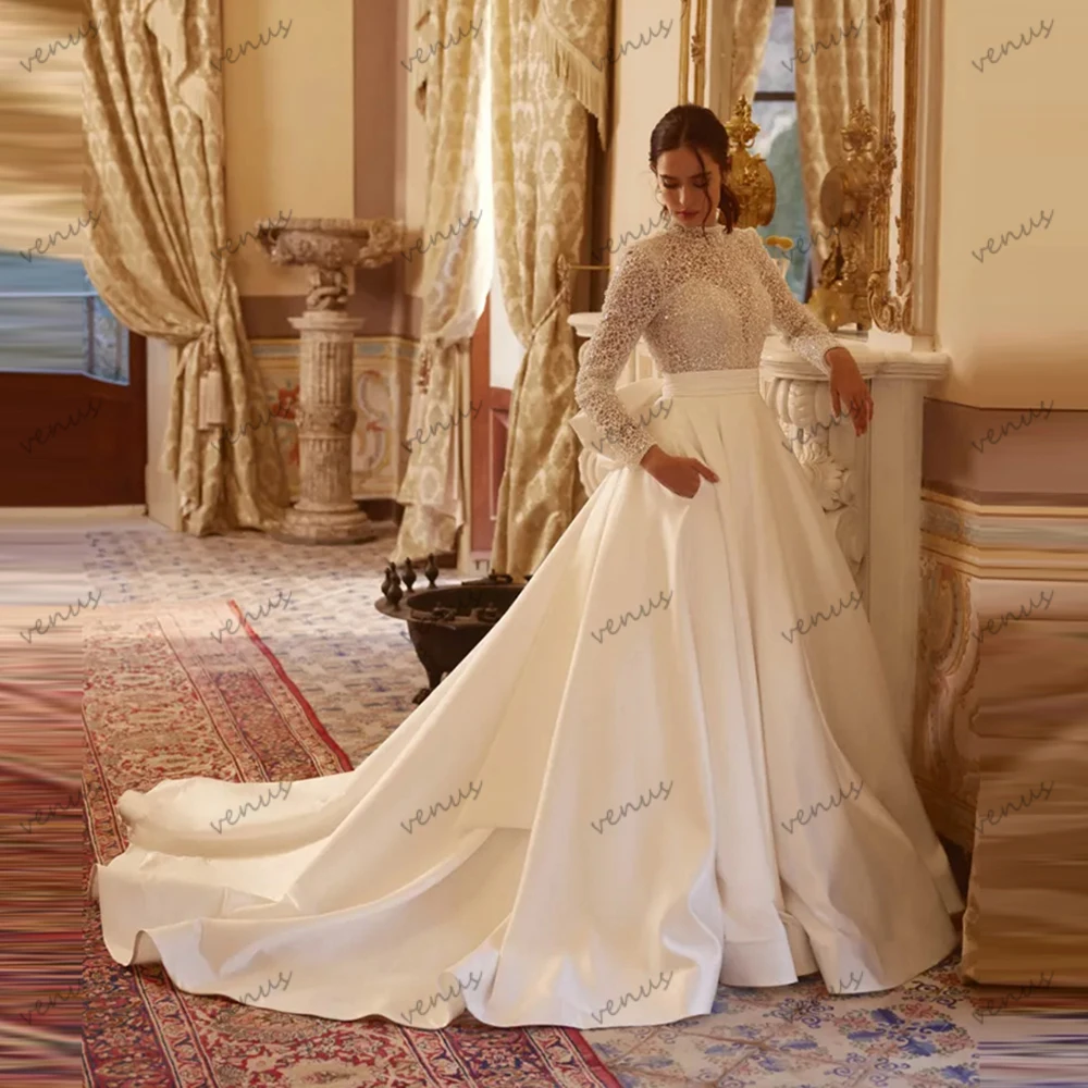 

Glamorous Wedding Dresses A Line Satin Bridal Gowns Lace Beading Appliques Full Sleeves Robes Vestidos De Novia Customized 2025