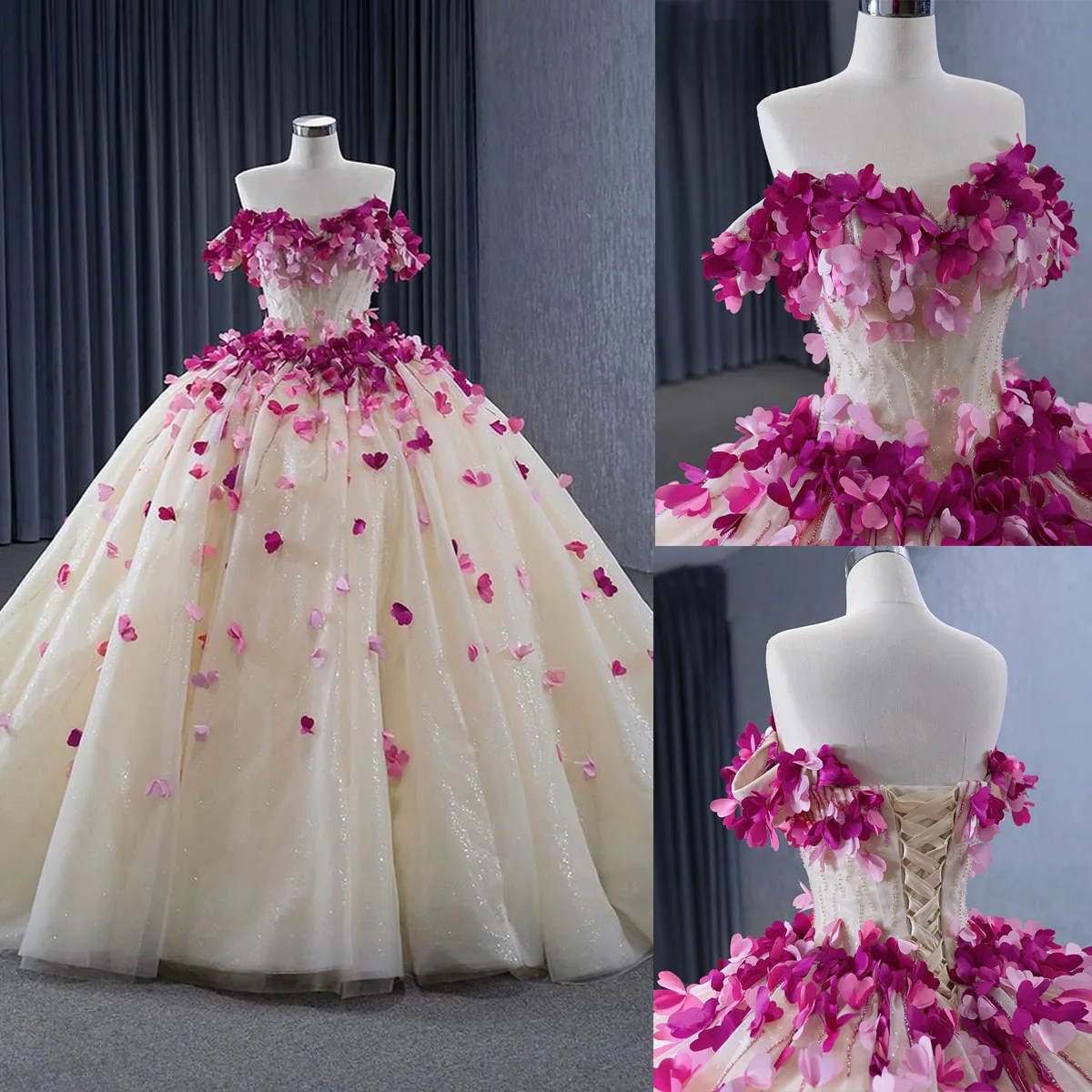 Vestidos de quinceañera elegantes, vestidos de baile con escote en forma de corazón y hombros descubiertos, apliques 3D, vestido de tren de barrido para fiesta, hecho a medida