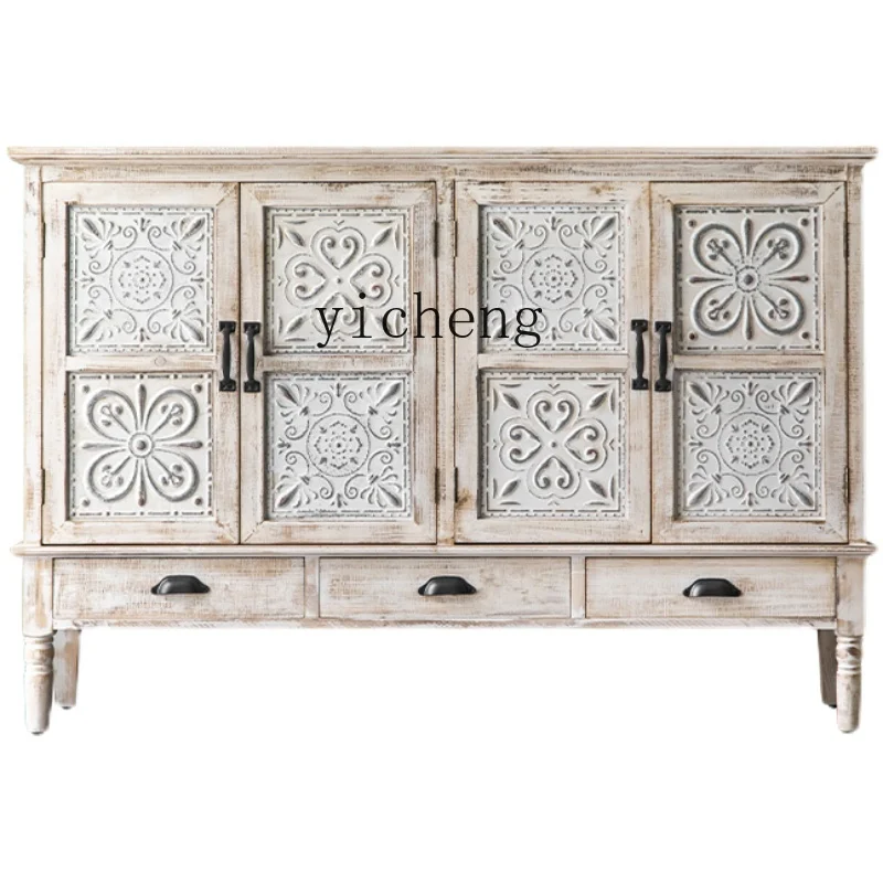 TQH retro carved foyer, entrance cabinet, living room old solid wood white dining side cabinet, bedroom decorative