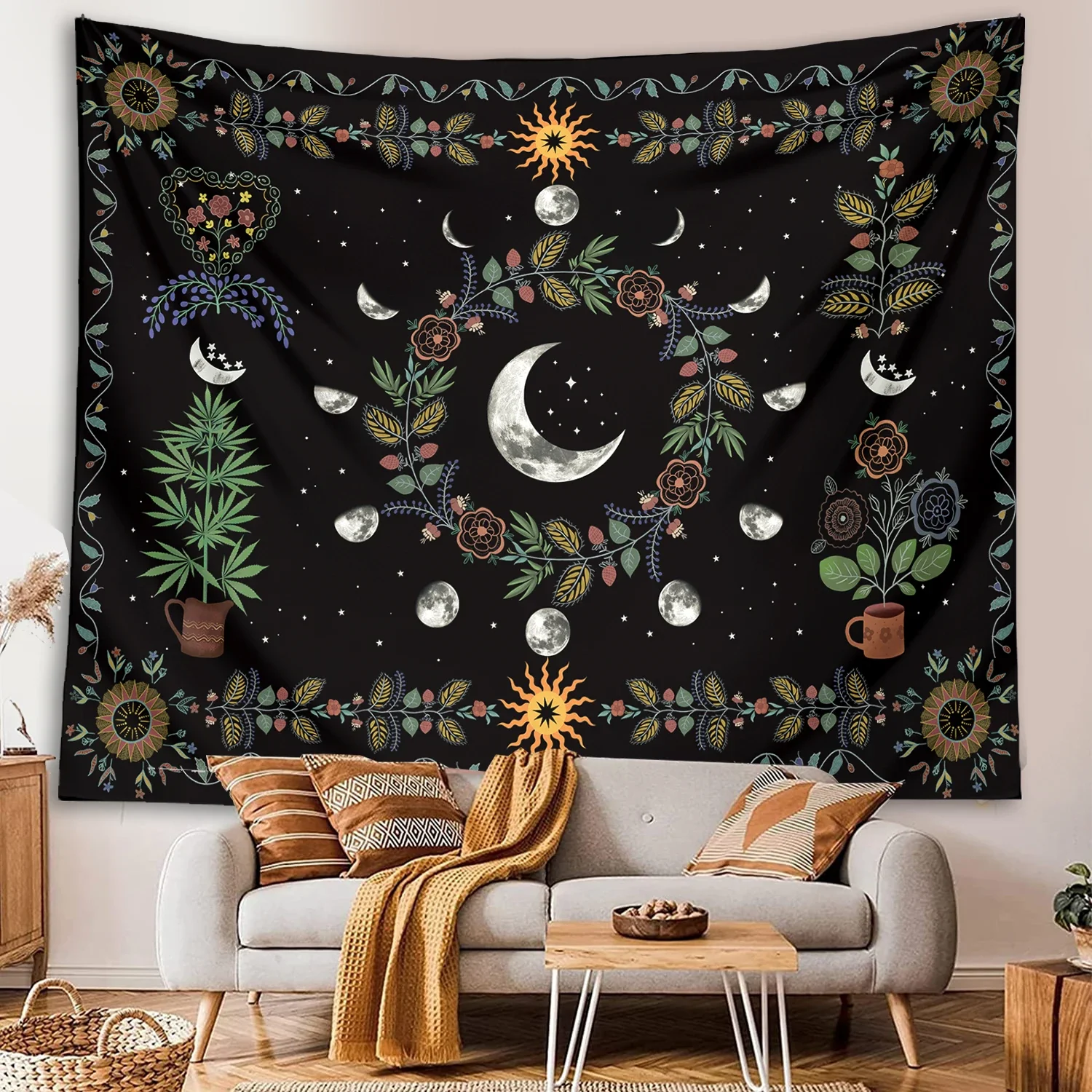 Moon phase Floral Tapestry Wall Hanging Celestial Flower sun moon Starry black bohemia mandala Wall Carpets Dorm home Decor