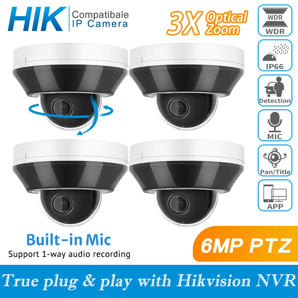 

PTZ IP Camera Dome POE 6MP Hikvision Compatible NVR Surveillance Security 2.8-8mm Motorized 3X Zoom Cam Human Detection Audio