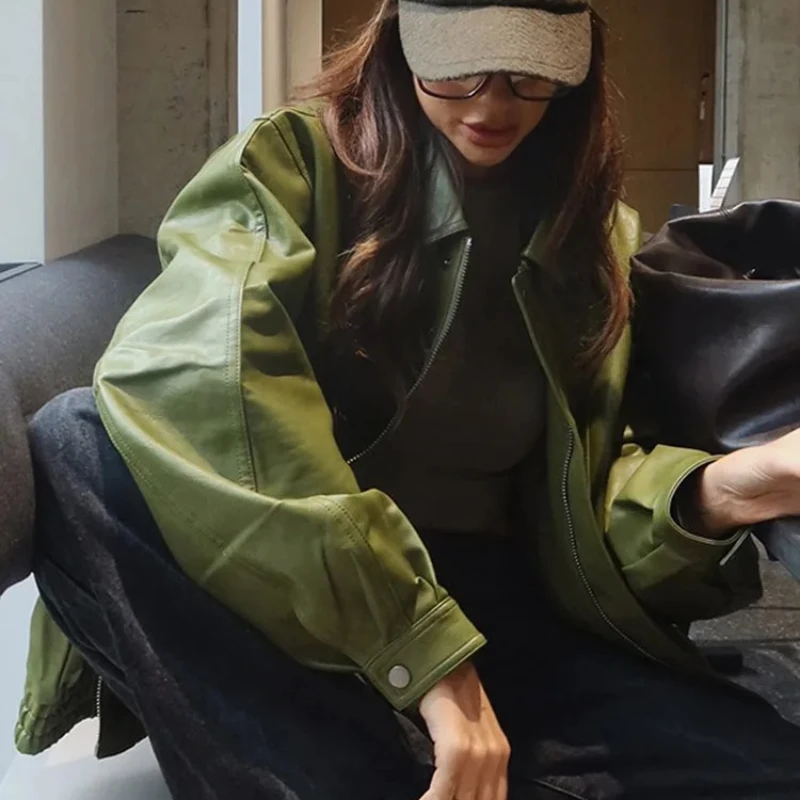 Suninheart ฤดูใบไม้ร่วง Olive สีเขียวเสื้อหนัง Faux Coat Vintage Moto Biker Zipper Jacket หลวมสบายๆผู้หญิง Outwear
