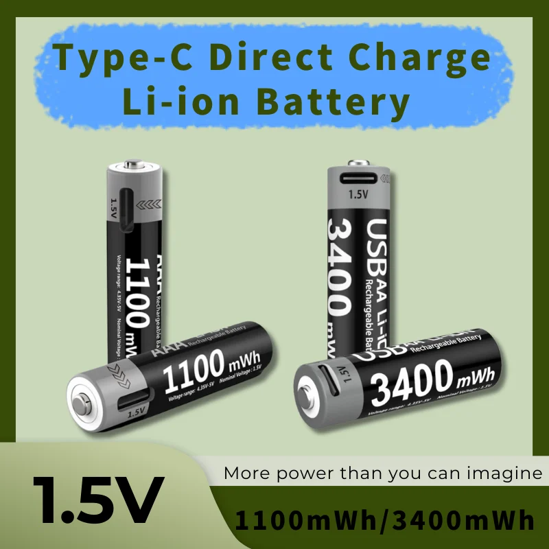 AAA/AA rechargeable lithium battery 1100mWh/3400mWh 1.5V Type-C charging port High safety index Can be recycled many times