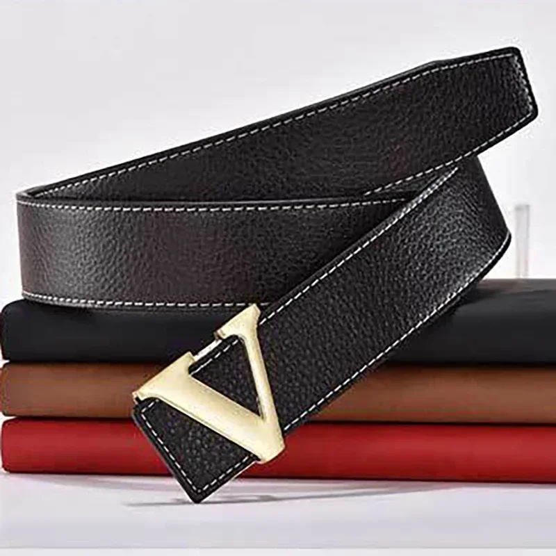 2024 Business Luxury Designer Brand V Buckle Belt Men High Quality Women Genuine Real Leather Dress Strap for Jeans Waistband