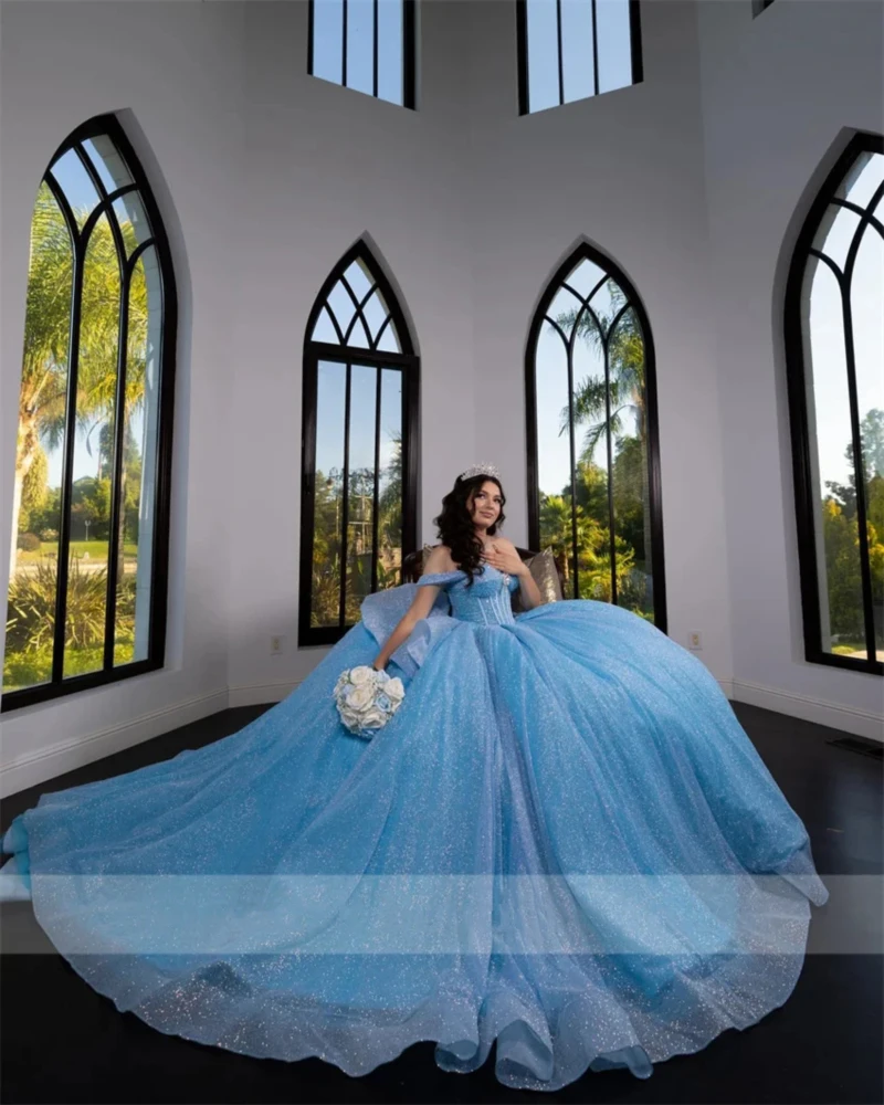 Vestido de baile com glitter com strass, vestido rosa Quinceanera, miçangas de ombro, vestido mexicano doce 16, 2024