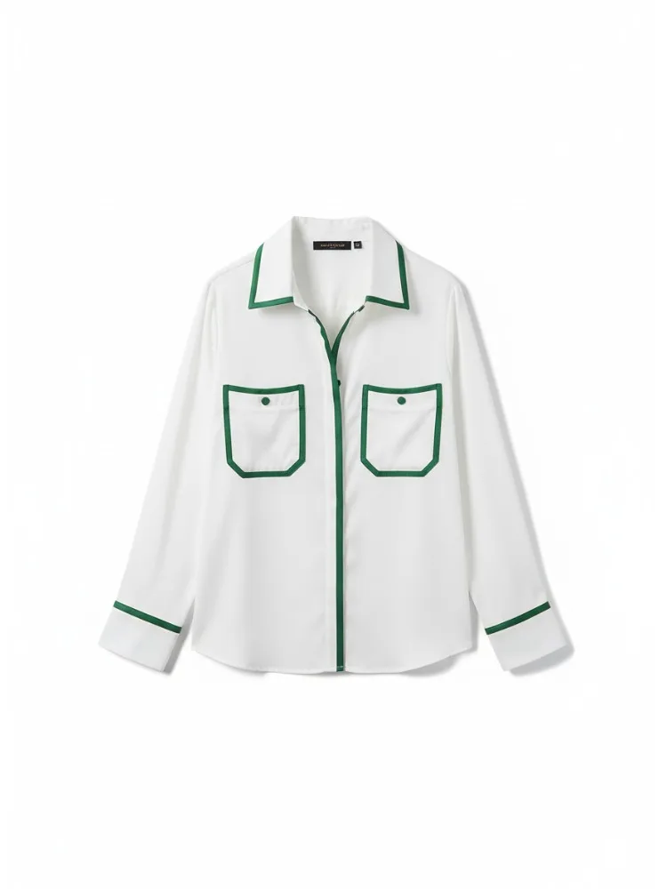 

Женская блузка Bonboho с контрастной отделкой белого и зеленого цвета, атласным воротником-лацканом, длинными рукавами, свободного кроя, весна 2026, модная футболка