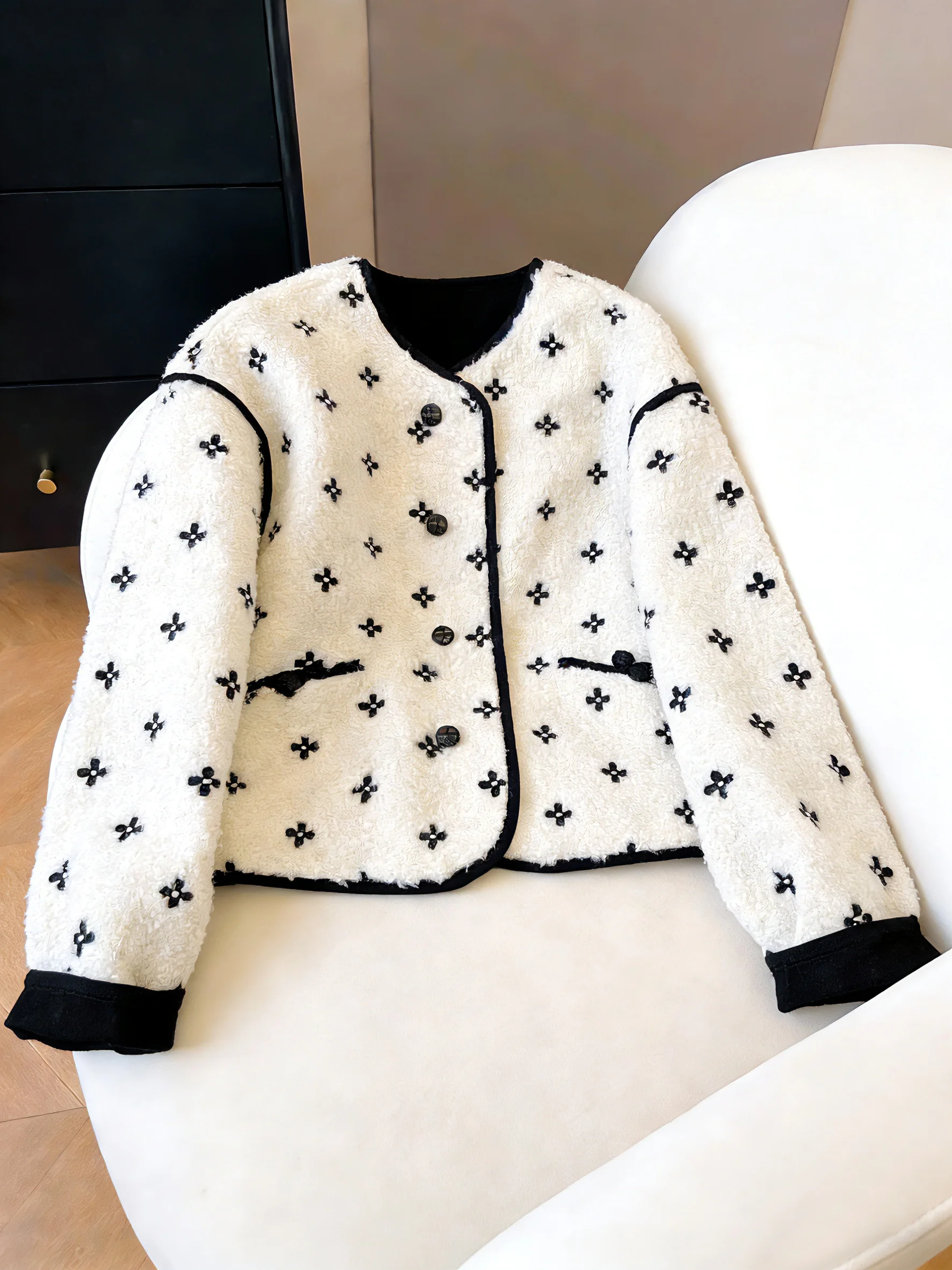 

Мокасины Color Blo с цветочным принтом из меха ягненка, женские весенне-осенние свободные утягивающие топы, корейский повседневный модный топ