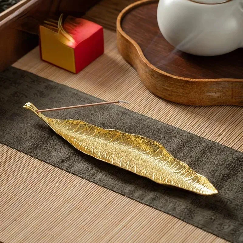 Antique Incense Burner Alloy Bodhi Leaf Sandalwood Stick Incense Holder 21cm Metal Incense Base for Desk Home Decor