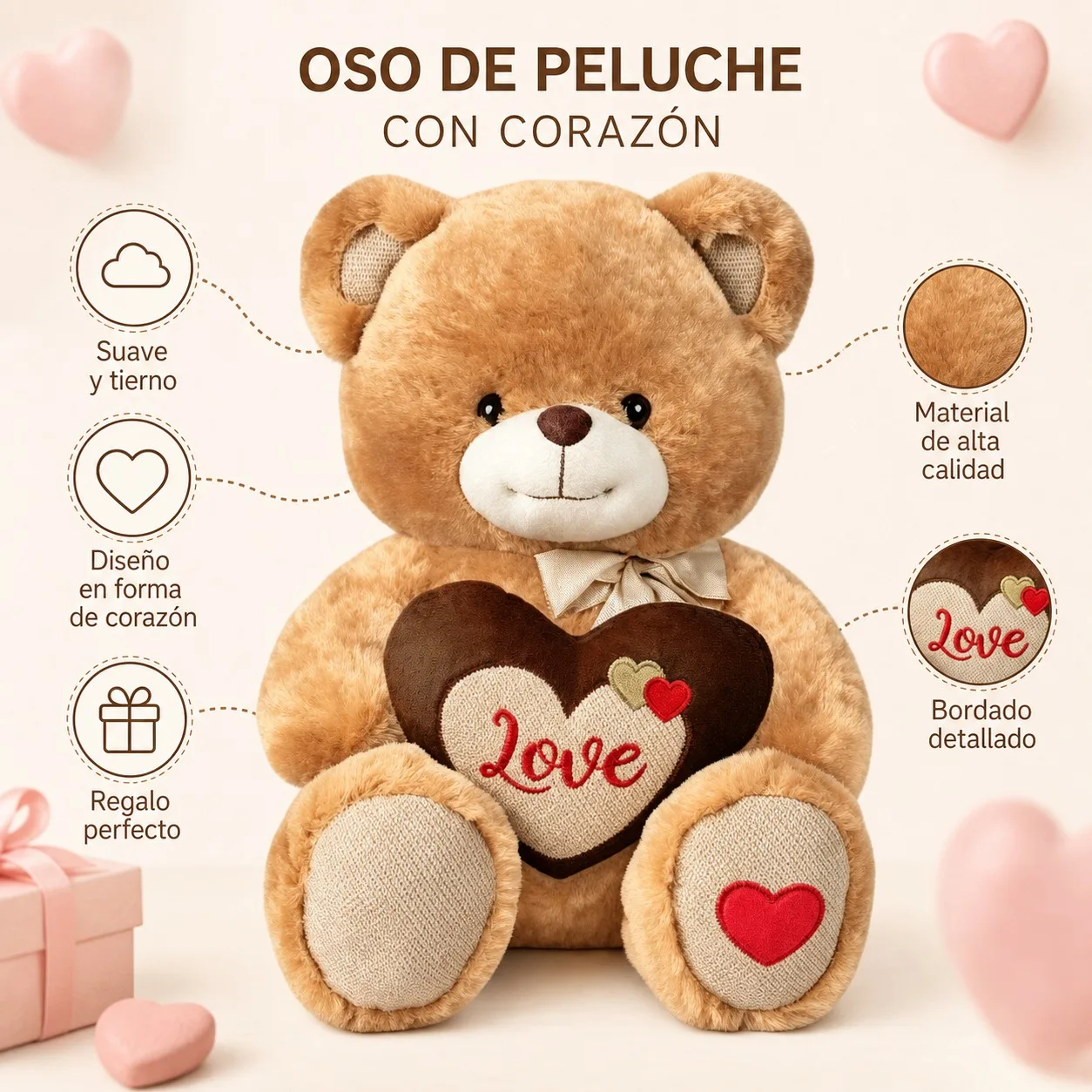 Ours en peluche de 45 cm avec cœur brodé, ours en peluche brun clair, nœud, cadeau pour la Saint-Valentin, anniversaire, animal en peluche câlin