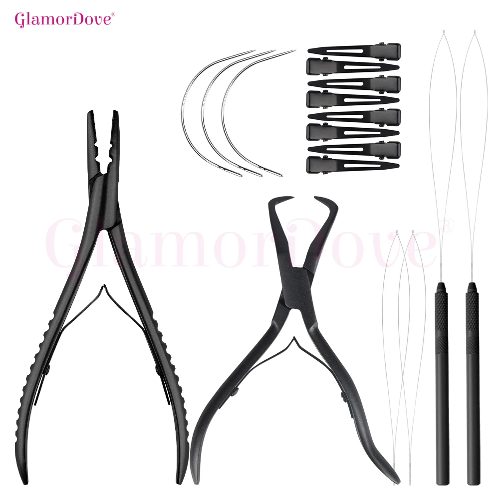 GlamorDove Weft & Beaded Weft Hair Extension Tool Kit – Pliers, Loop Tools, Clips & Curved Needles