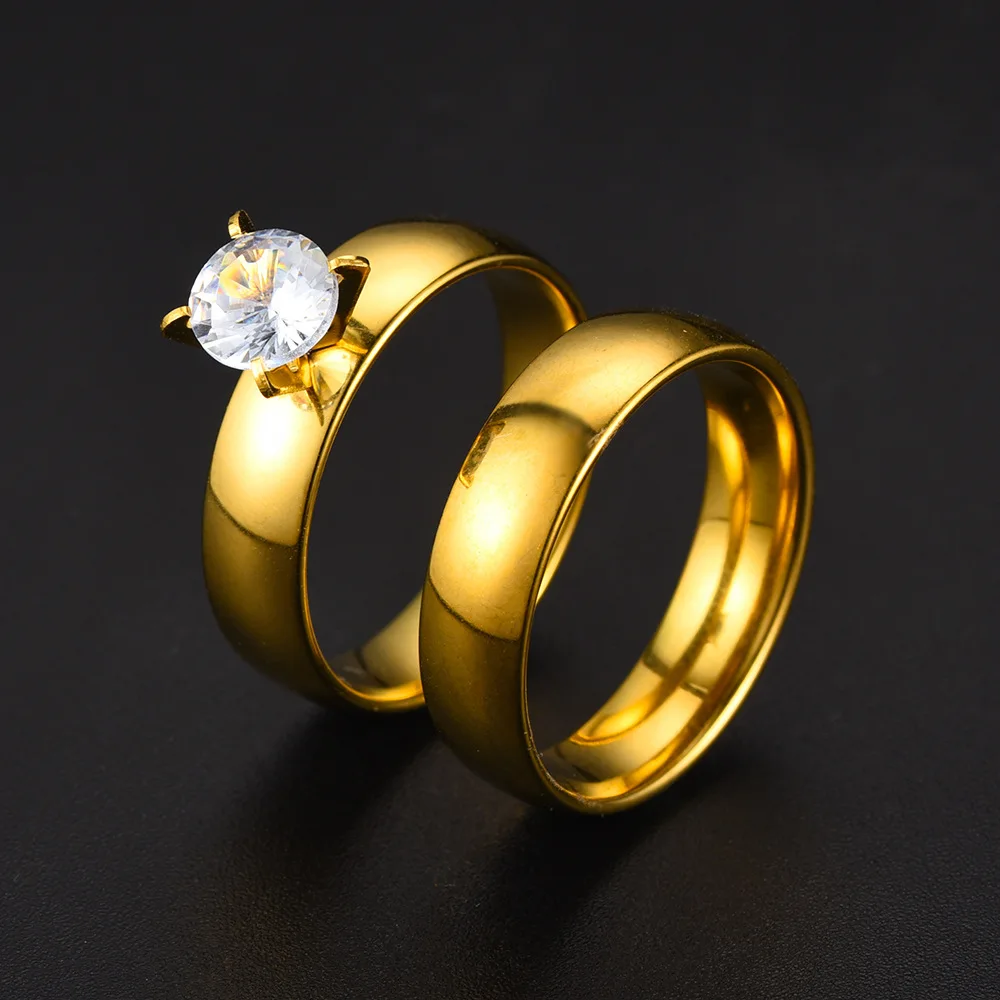 Fashion Gold Plated Zircon Stainless Steel Couple Rings For Women Men Engagement Ring Valentine Day Gift Size 6-12 ﻿