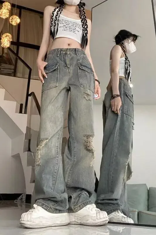 Retro Vintage Gerade Bein Zerrissene Jeans für Frauen 2024 Frühling Sommer Neue Spicy Girl Hohe Taille Lose Bodenlangen Breite Bein Hosen