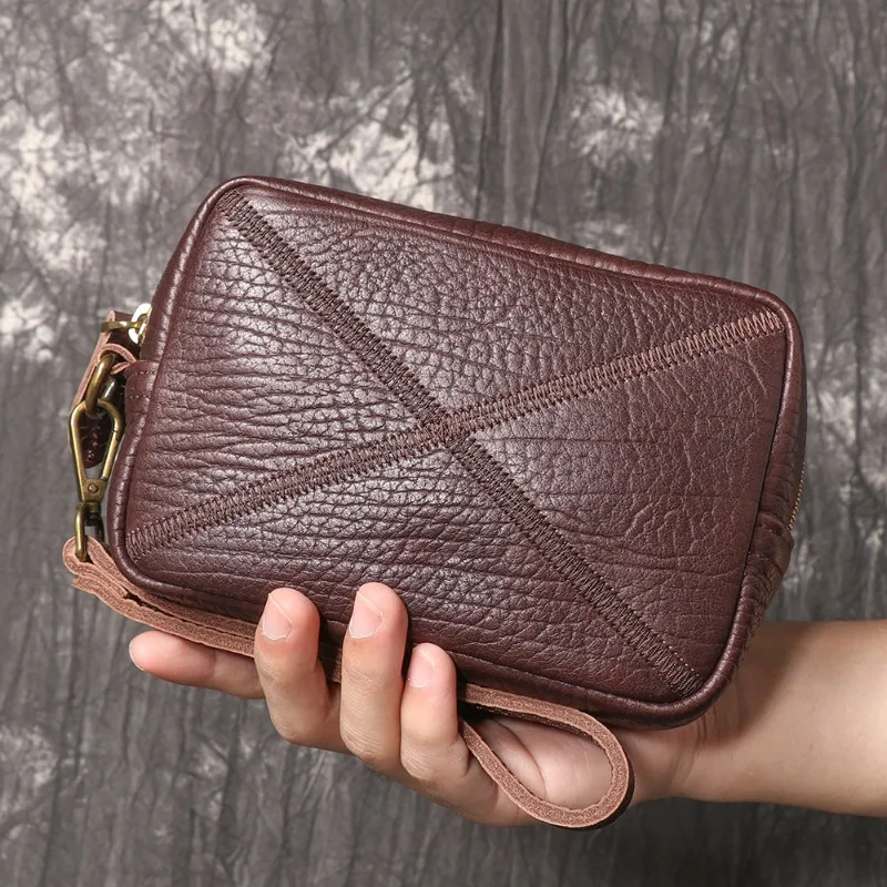 Men's Genuine Leather Clutch: Top-Grain Cowhide Stylish and Versatile Small Square Bag Retro and Unique Phone Case