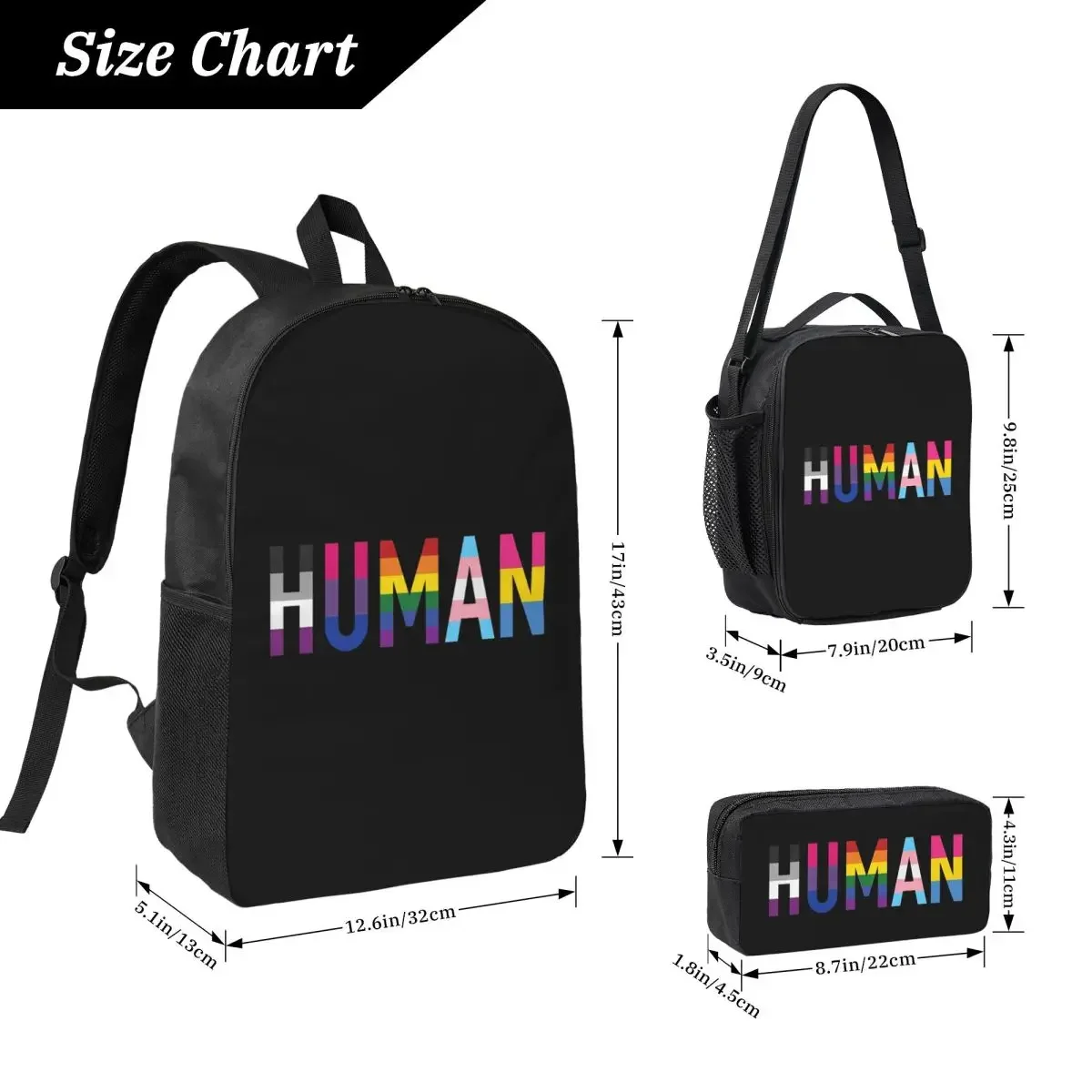 Human Various Queer Flags Backpack Student BookBag School Bag Laptop Shoulder Bags 3ps Insulated Lunch Bag Pencil Case