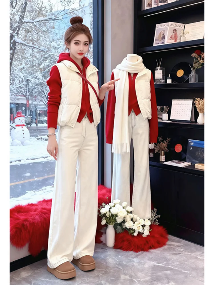 

Street Sle Loose Fit Vest And Wide Leg Pants Set Women's Faion Winter Outfit Retro Design High Waist Button Closure