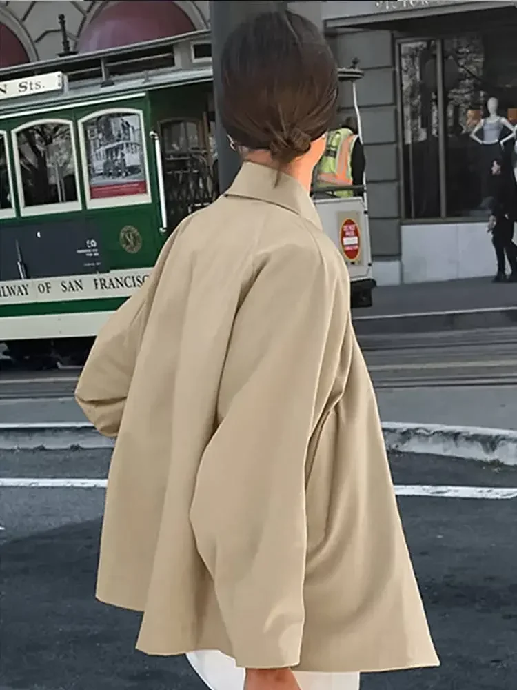 Khaki Single Breasted Lapel Short Windbreaker Women Casual  Long Sleeved Crop Thin Loose Coat Autumn Female New Street Outerwear