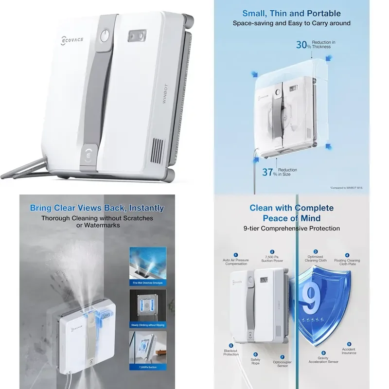 ECOVACS Mini Vacuum Window Cleaner Edge Detect 7500Pa Smart Obstacle Sensors Dirt Ultrasonic Mist Bathroom Glass