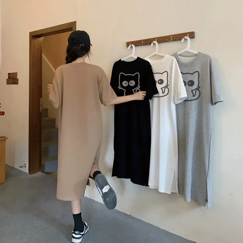 Cartoon cat print short-sleeved women's new summer and autumn loose round neck home dress - Image 2