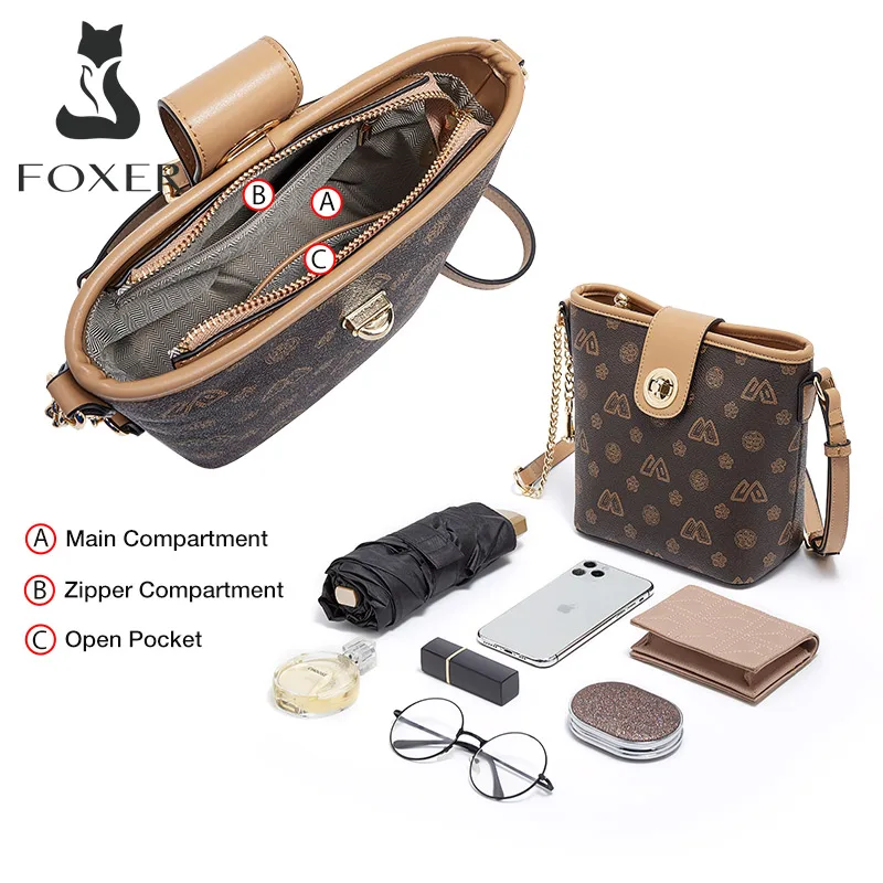 FOXER Women\'s PVC Crossbody Shoulder Bags Lady Small Bucket Bag Fashion Girls Messenger Bags High Quality Phone Bag with Pendant