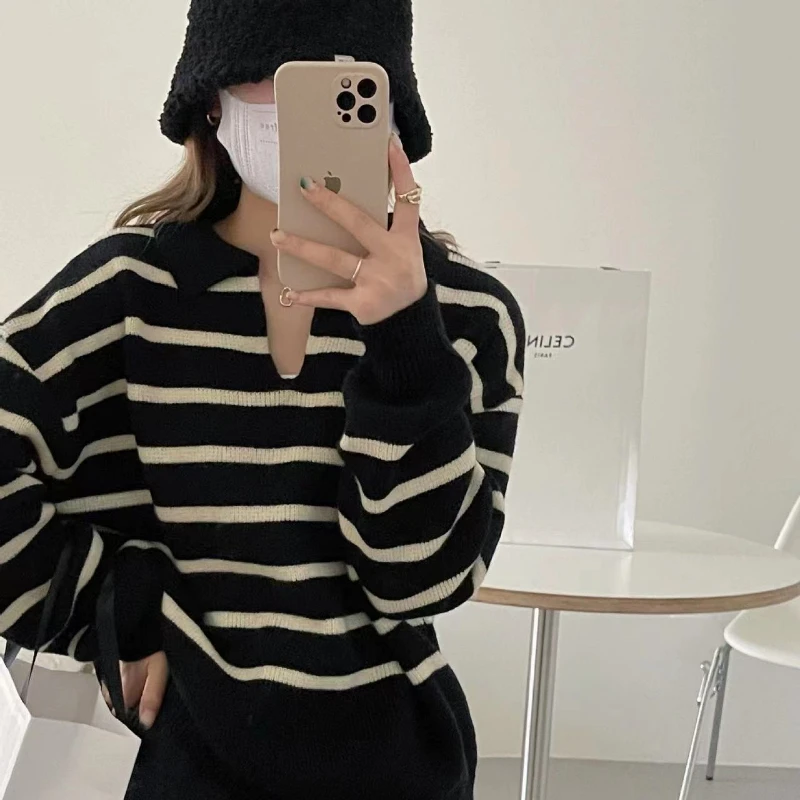 High Collar Sweater Women's Stripe Autumn Winter New Classic Casual Knit Pullover Fashion Student Harajuku Soft Fashion Pullover