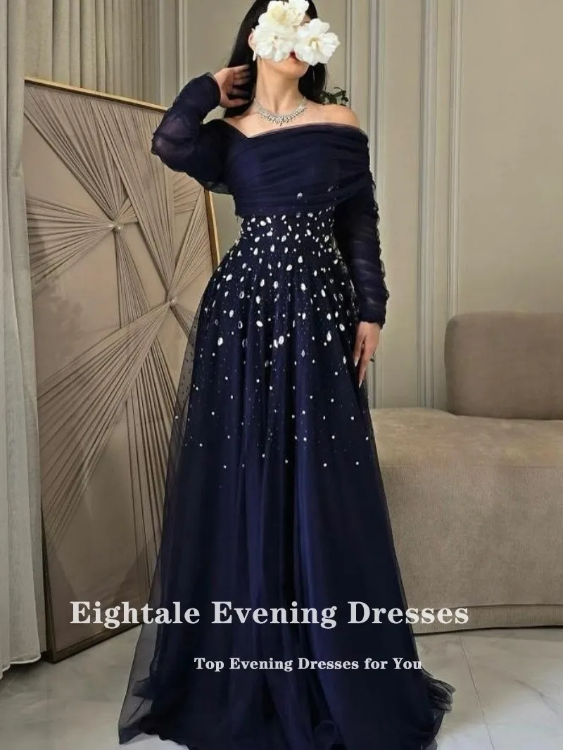 Eightale-vestidos de Noche azul marino, vestido de fiesta personalizado sin tirantes de tul con cuentas, corte en A, para fiesta de boda