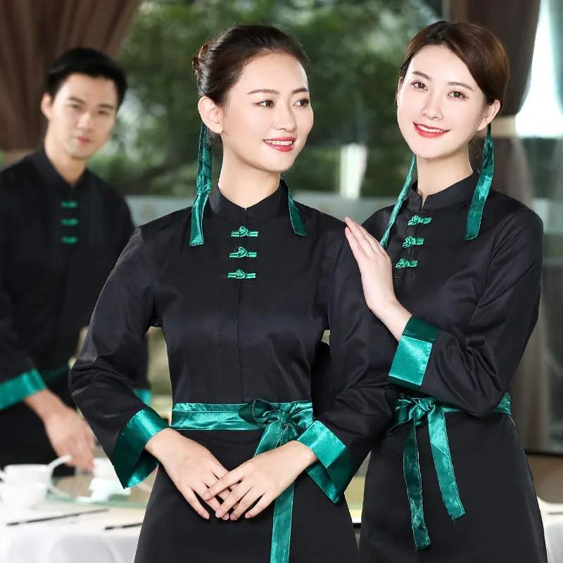 ホテル作業服秋冬女性鍋レストランバーベキューレストラン茶室中国風ウェイター長袖ユニセックス