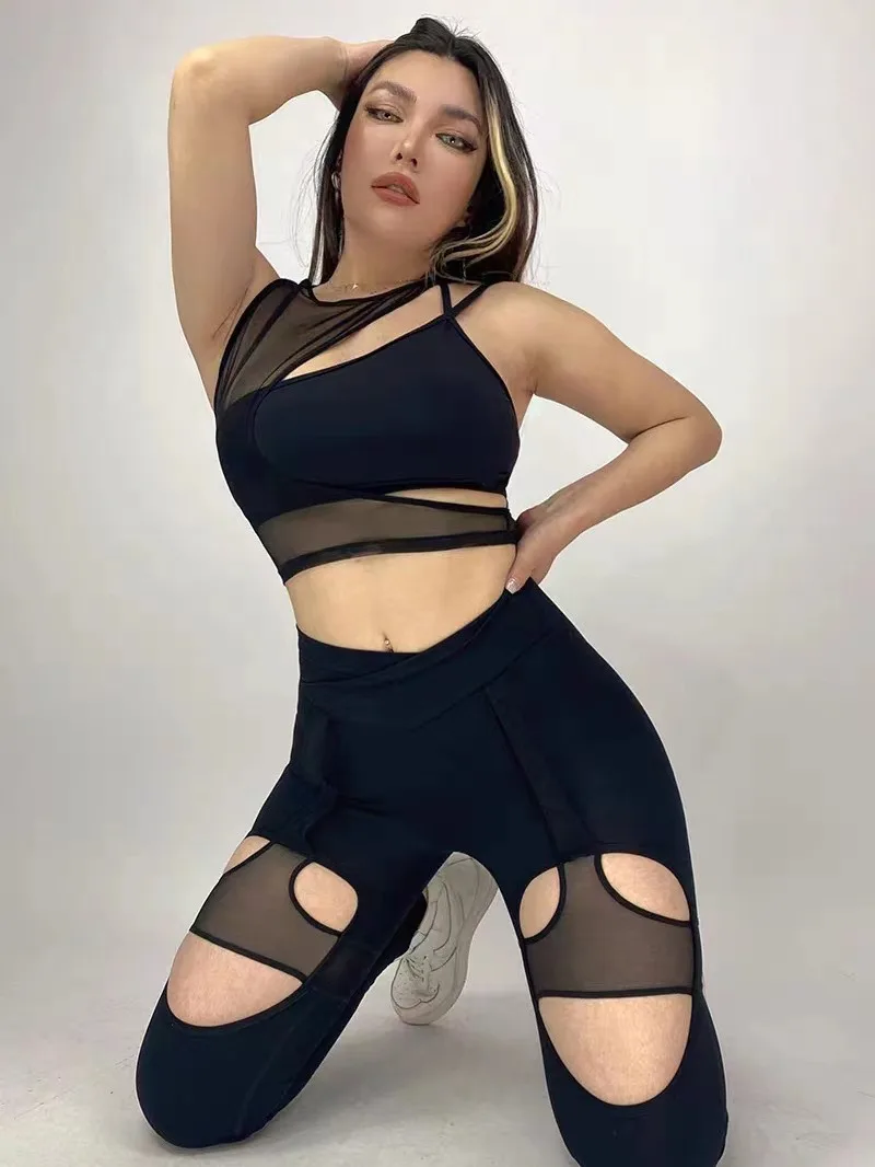 Women Sexy Mesh Splicing Two Pieces Yoga Set Unique Asymmetric Yoga Top Nuding Feeling Hollow Out Tight Slim Yoga Full Pants