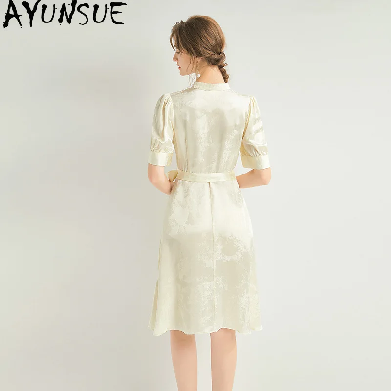 AYUNSUE 100% seta di gelso abiti da donna abiti eleganti per le donne vestiti estivi abito a vita alta Lace-up Vestido Mujer 2024