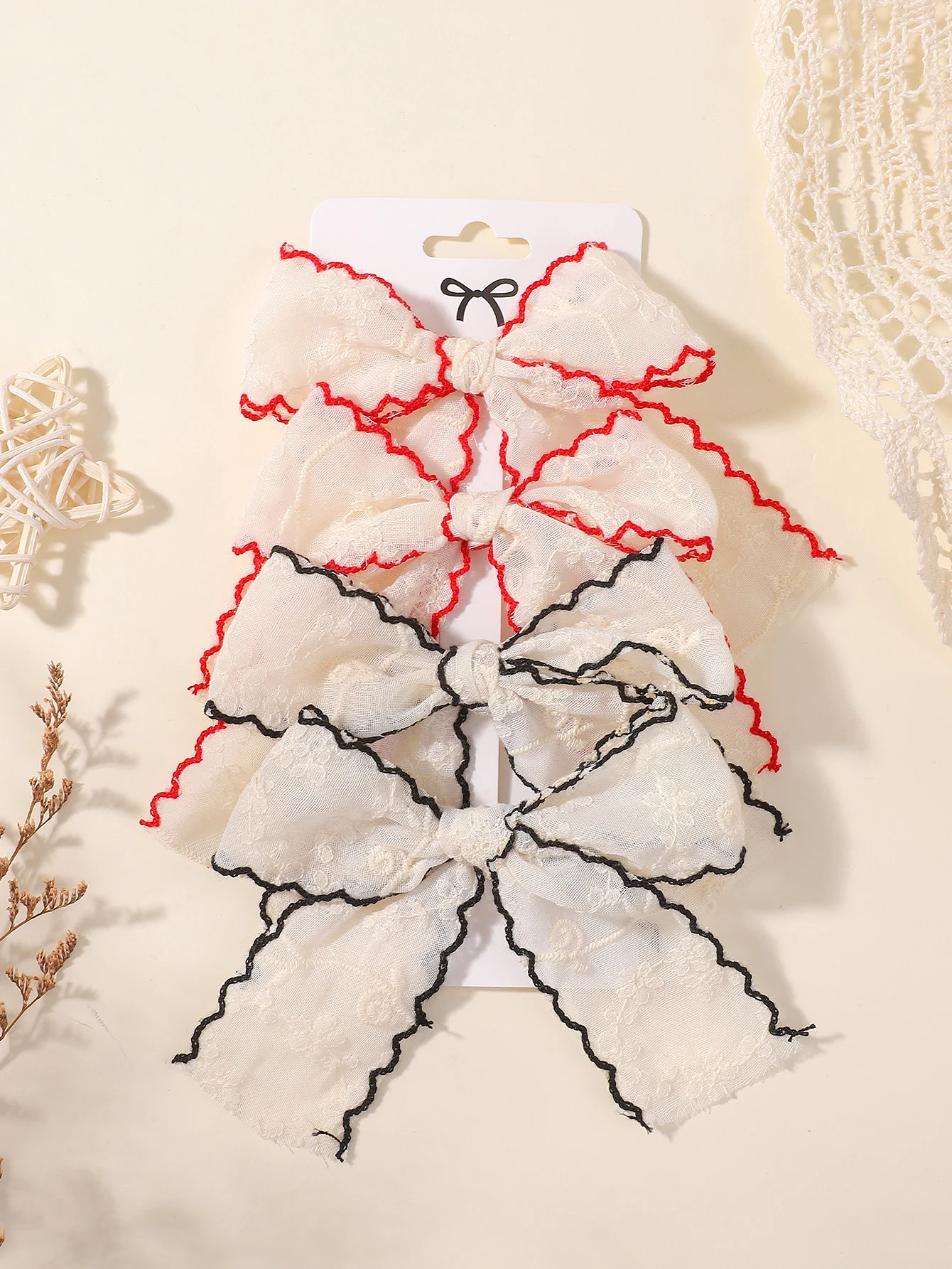 4pcs Long Tail Lace Bow Ponytail Decor Cute Clips Flowers Embroidery Princess Beige Hair Accessories For Party Fashion Barrettes