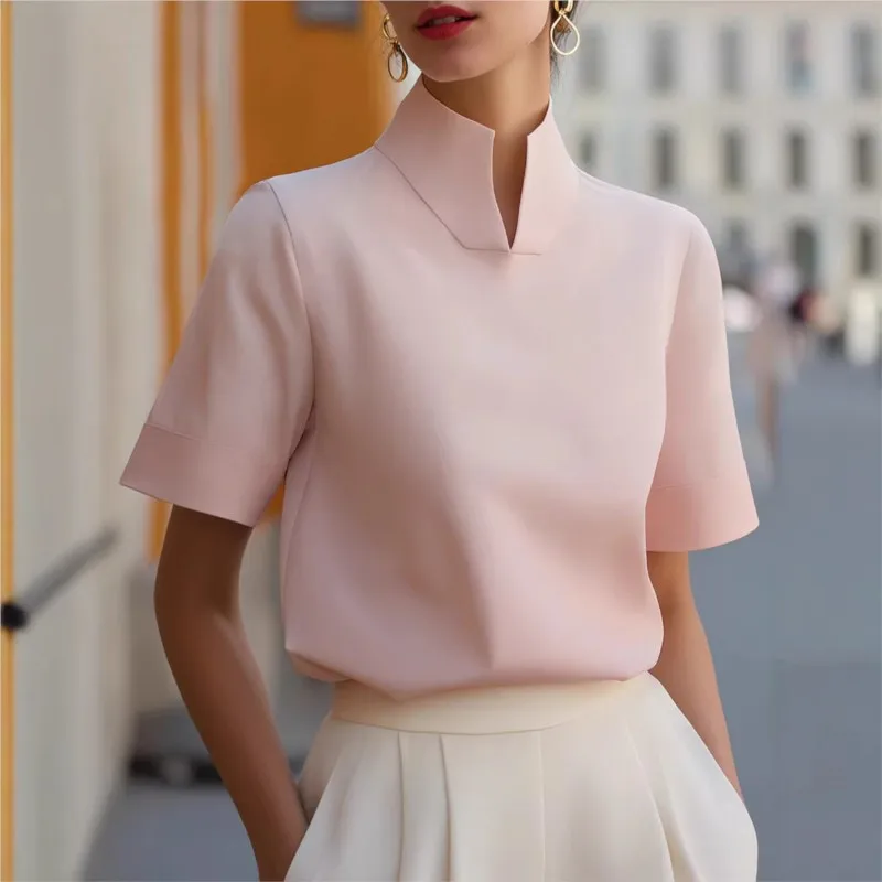 

2026 New Elegant shirt Pullover Top Casual Stand Collar Short Sleeve Blouse for Women Fashionable Design Tops Female Office Lady