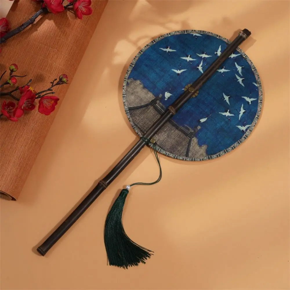 Classical Ancient Style Chinese Bamboo Waist Fan Rollable Rotatable Long Handle Fan with Tassel Decorative Group Fan Gifts