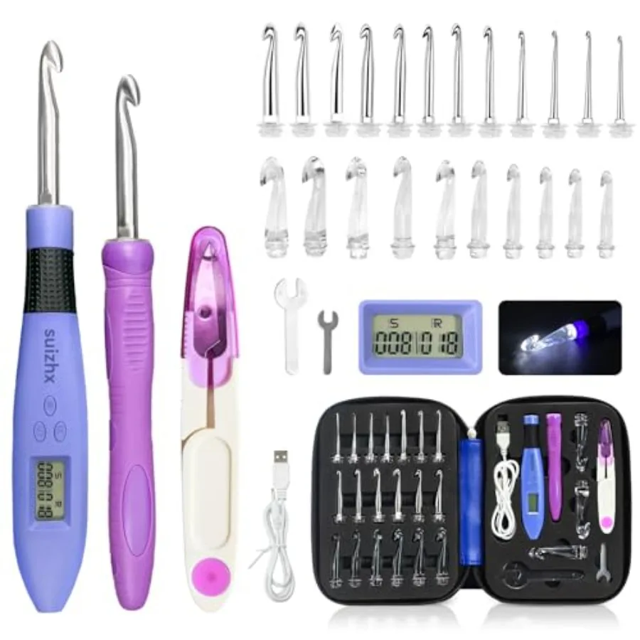 

Набор для вязания крючком с цифровым счетчиком, 22 сменных крючка разного размера, светящиеся крючки для вязания