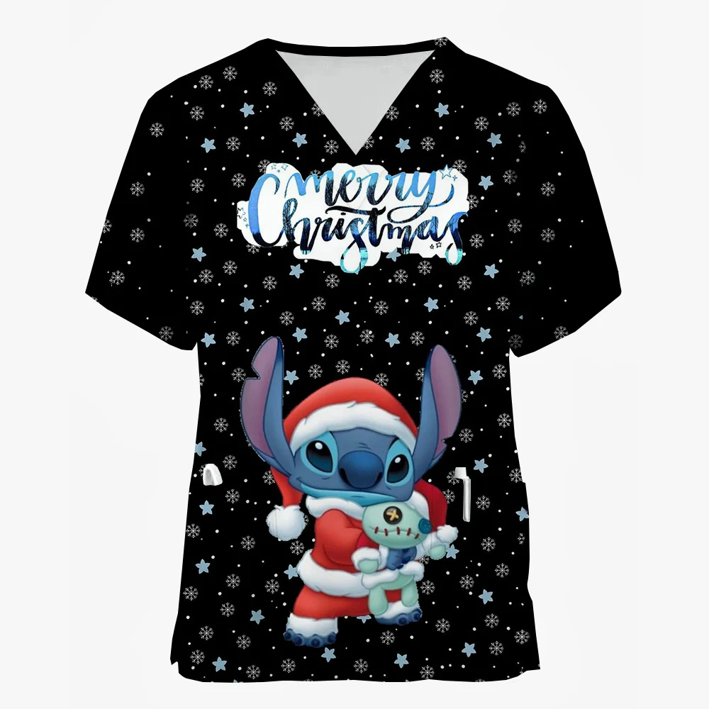 Disney Stitch Christmas Nurse Uniform Matte Women's Cartoon Deer Print Short Sleeve Pocket Work Uniform Medical Uniform