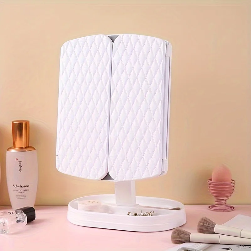 1pc Folding Vanity Mirror, LED Tri-fold Desktop Makeup Mirror With Stand,  Screen Dimming, Suitable For Makeup And Gifts